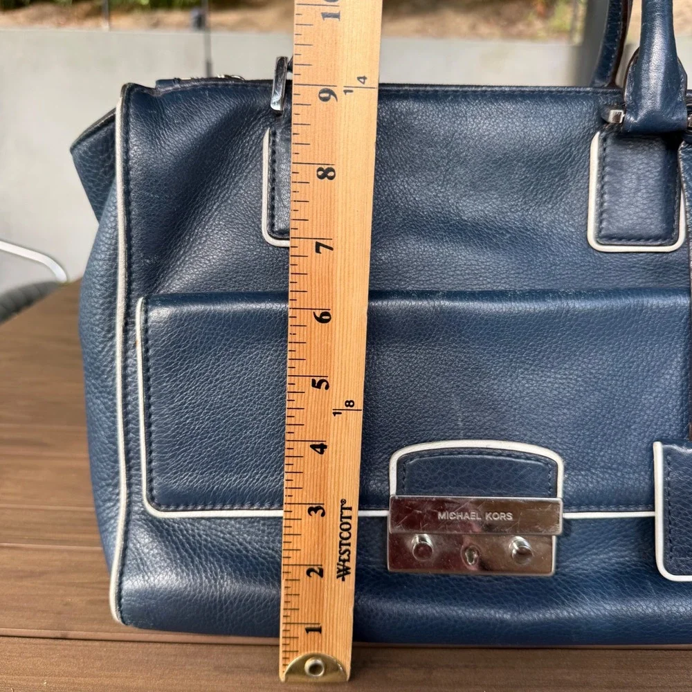 Michael Kors Navy Blue Pebbled Leather Satchel Handbag Silver Hardware Crossbody